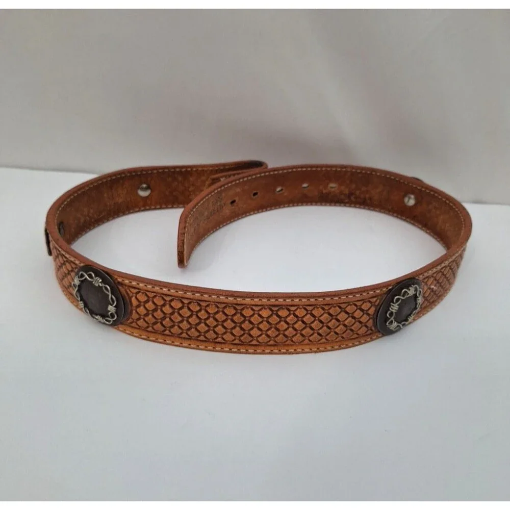 Vintage Double J Saddlery Belt Sz 34 Brown Leather Concho 90's Western No Buckle